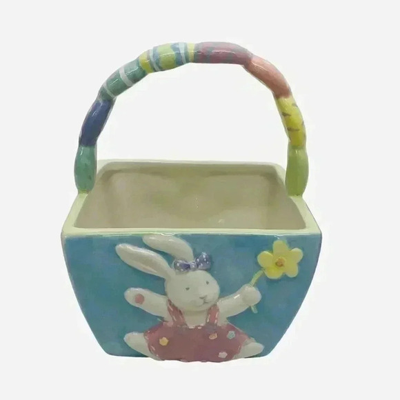 Ceramic Easter Basket Floral Vase Pastels Bunny Rabbit Egg Hunt Spring Baby - Picture 1 of 8
